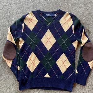 Ralph Lauren Polo Wool V neck Sweater With Leather Elbow Patches, Size S